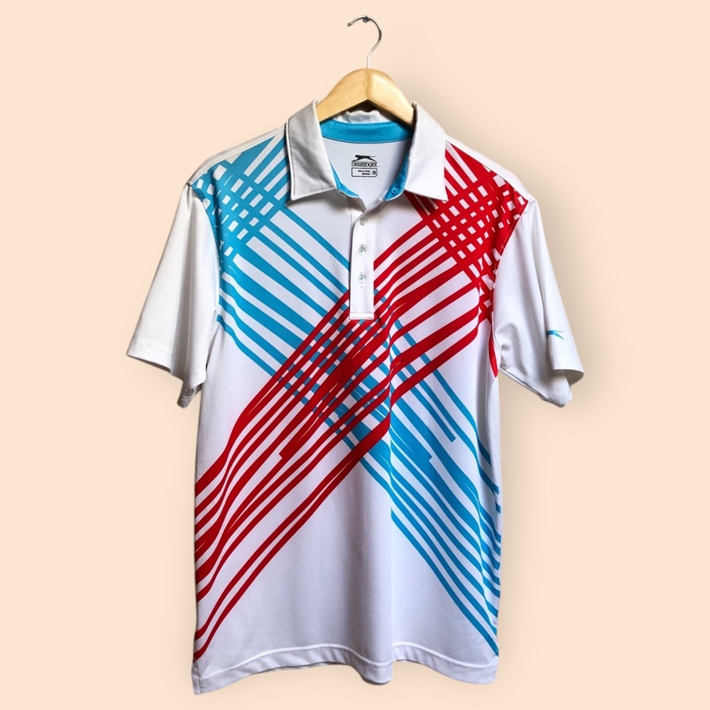 Slazenger MENS Golf Polo Shirt White Colorful Striped Design Short Sleeve Medium